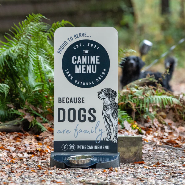 The Canine Menu Pavement Stand with water bowl